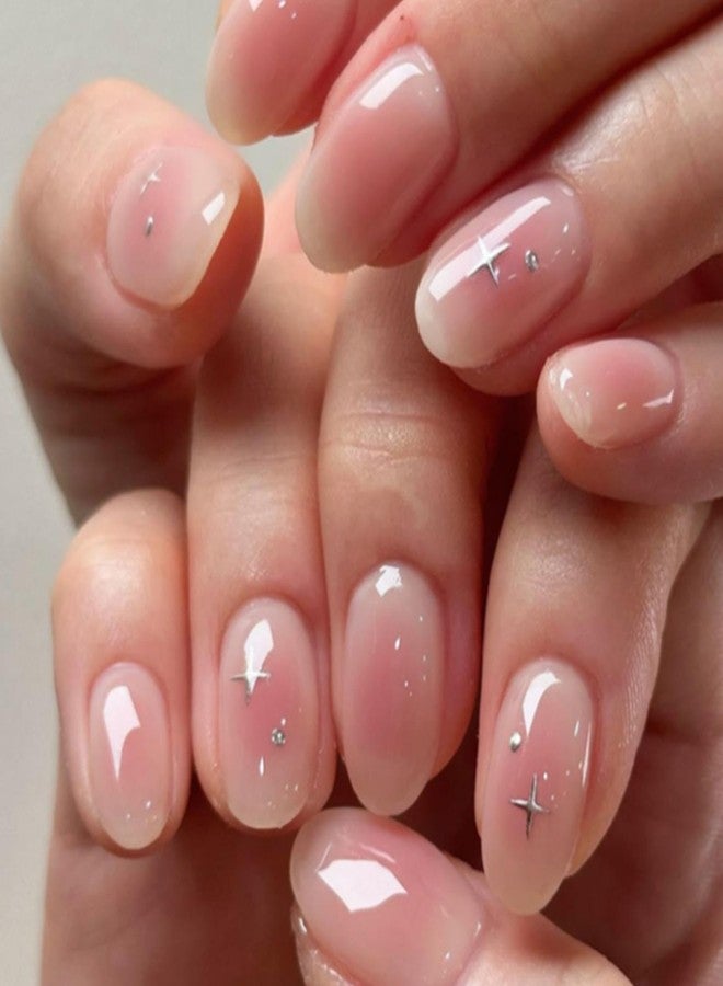 YoYoee 24Pes Short Almond Press on Nails - Nude Fake Nails Gradient False Nails Glossy Full Cover Nails Tips for Women - Image 1